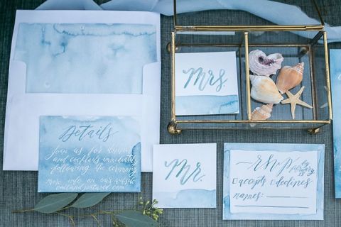 Ocean Inspired Watercolor Wedding Invitations with Shells