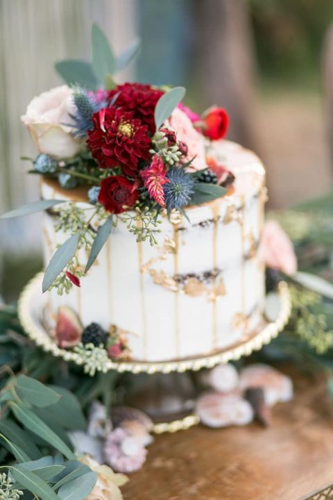 Caramel and Gold Leaf Drizzle Cake with Autumn Flowers