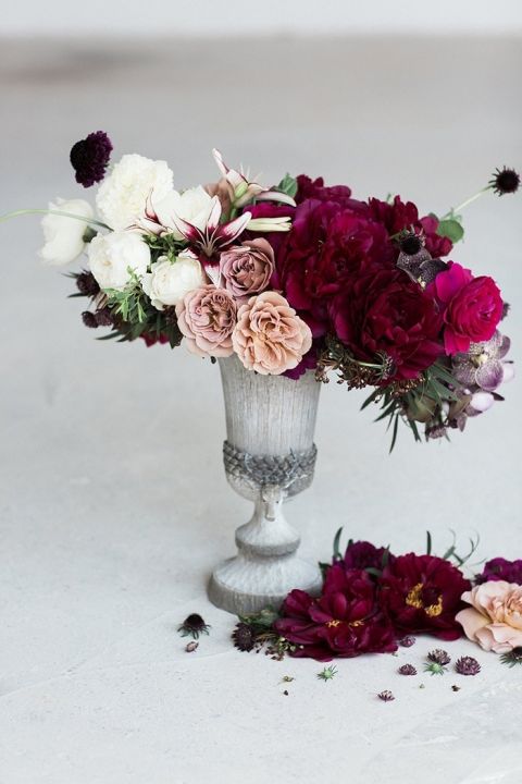 Modern Centerpiece with Neutral and Jewel Tone Flowers