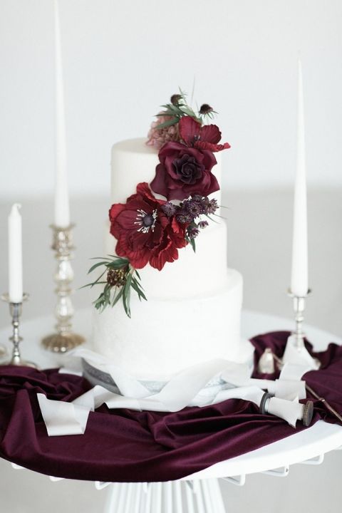 Modern White Wedding Cake with Burgundy Sugar Flowers