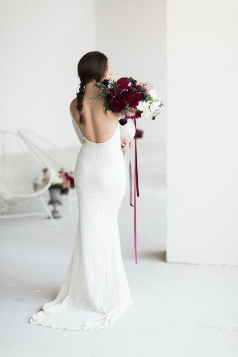 Backless Fitted Lace Wedding Dress with a Berry and Burgundy Bouquet