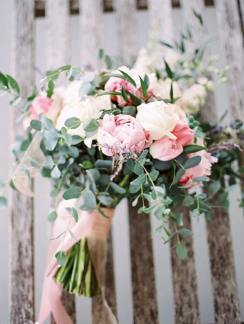 Blush and Ivory Peony Bouquet with Summer Greenery
