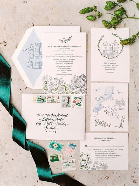 Letter Pressed Wedding Invitations with Hand Drawn Illustrations