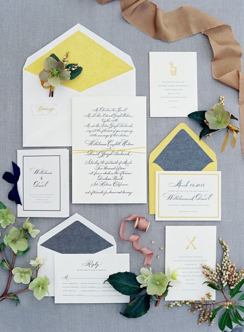 Bold Mustard Yellow and Slate Blue Invitation Suite