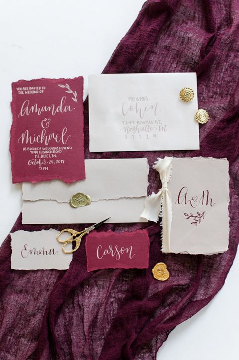 Rich Burgundy and Gold Wedding Invitations and Decor