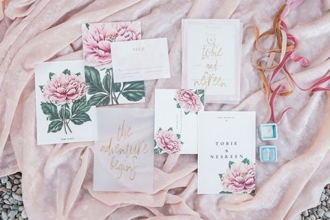 Peony Print Invitations for Destination Elooement