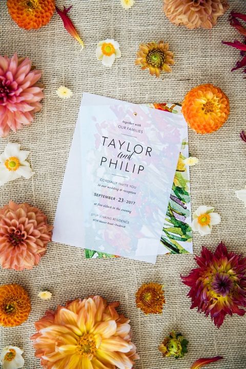 Colorful Hand Painted Wedding Invitation with Bright Summer Flowers