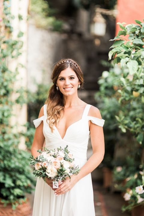 Romantic Italian Bride with an Off the Shoulder Wedding Dress