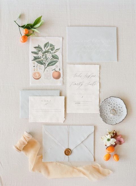 Vintage Botanical Inspired Wedding Invitations in Citrus and Gray