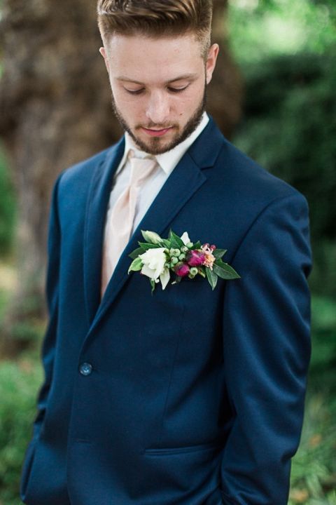 Organic Garden Romance Boutonniere with a Navy Suit