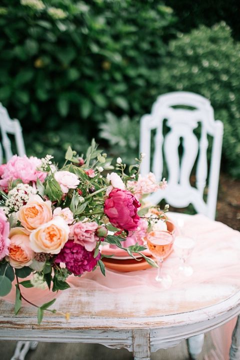 Peony and Garden Rose Centerpiece in Peach and Pink
