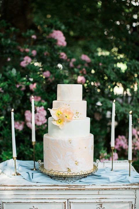 Peach and Gold Floral Print Wedding Cake