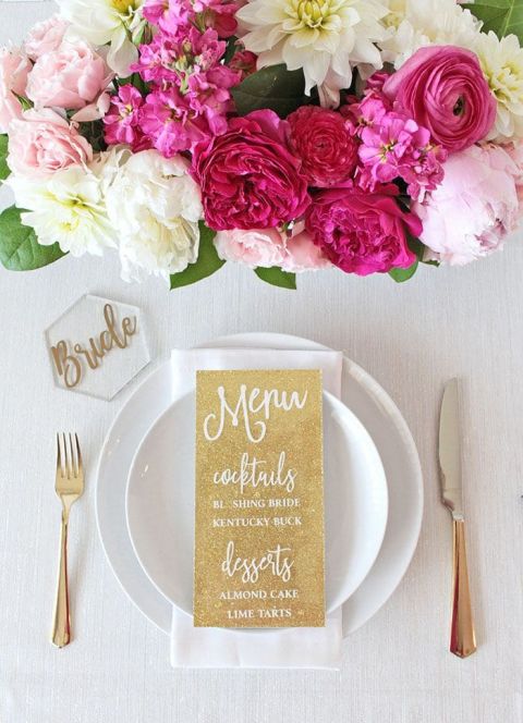 Gold Glitter and Pink Floral Place Setting