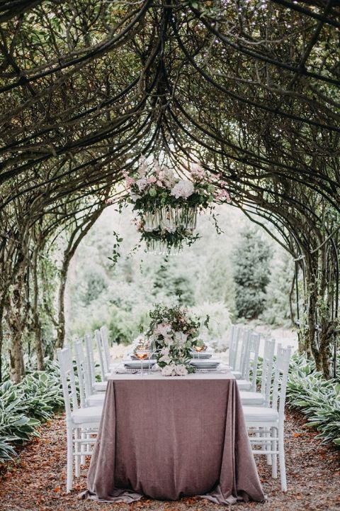 Garden Arbor Wedding Reception with a Floral Chandelier