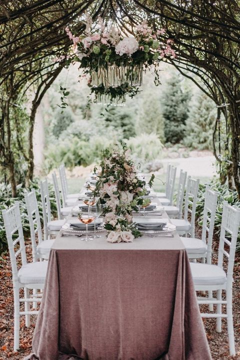 Vine Arbor Wedding Reception with Flower Chandeliers