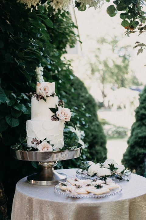 Blush and Rose Gold Garden Wedding Cake and Desserts