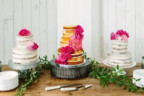 Trio of Semi Naked Cakes with Colorful Summer Flowers and Vintage Cake Stands