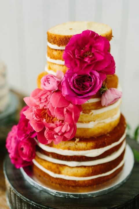 Naked Layer Cake with Coral Charm Peonies and Pink Roses