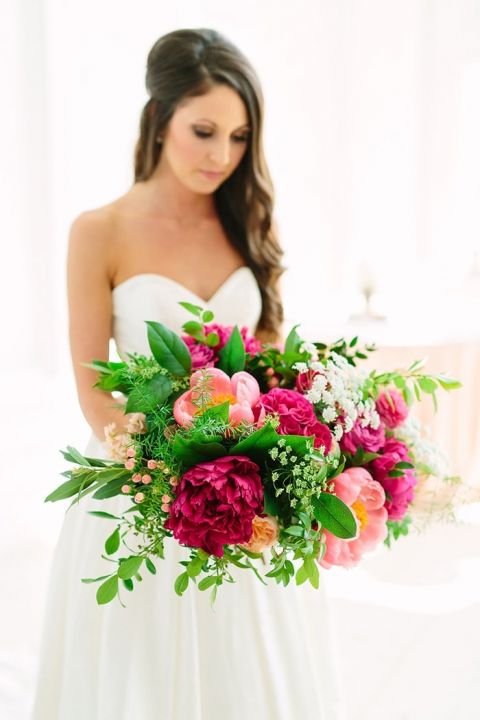 Gorgeous Fuchsia Pink and Coral Bridal Bouquet with Greenery