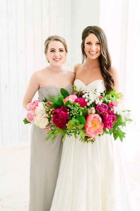 Colorful Wedding Flowers with Neutral Bridesmaid Dresses