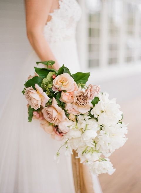 Neutral and Ivory Bouquet with Peach Flowers and Greenery