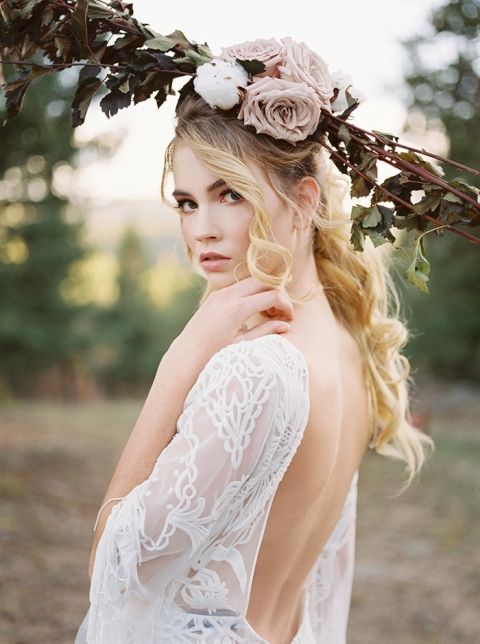 Chic Bohemian Bride with a Floral Headpiece