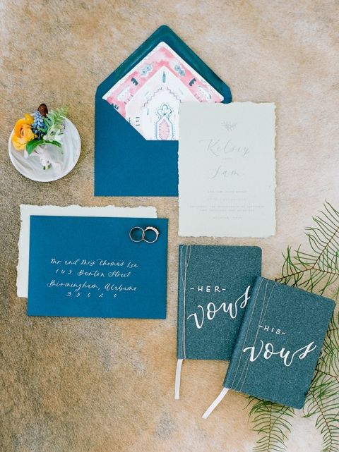 Denim Blue and Colorful Patterned Wedding Invitations