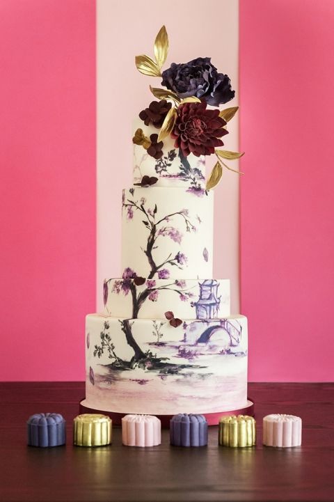 Hand Painted Wedding Cake with a Sugar Flower Topper
