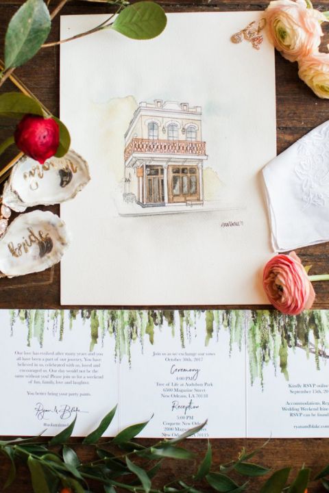 Custom Illustration Invitations for a Modern New Orleans Destination Wedding