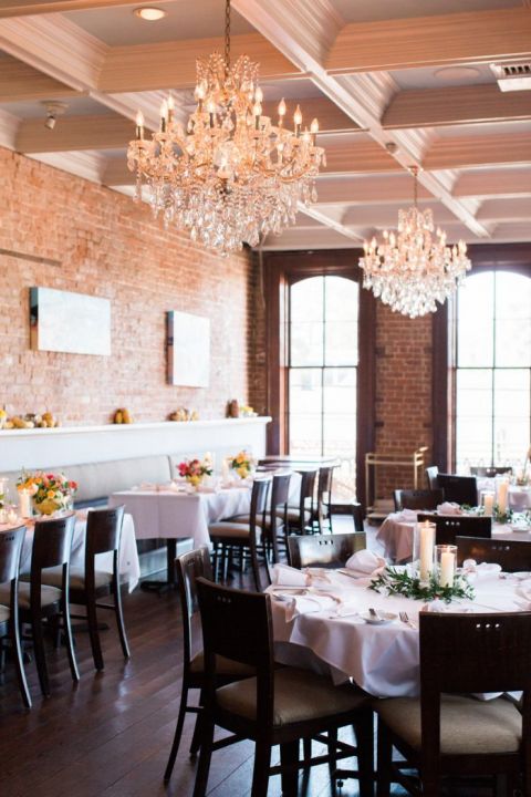 Modern Brick and Chandelier Restaurant Wedding Reception