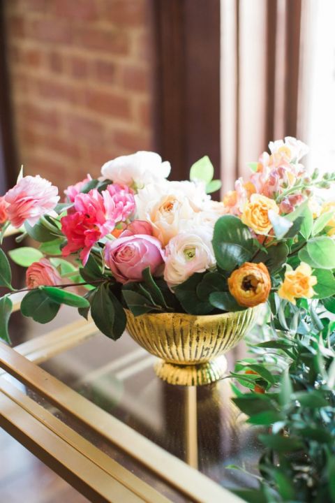 Gold Centerpiece with Colorful Modern Flowers