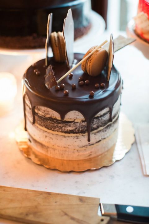 Chocolate Drizzle Cake with Macarons
