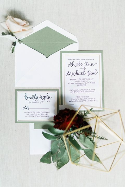 Green and Gold Geometric Wedding Invitations 