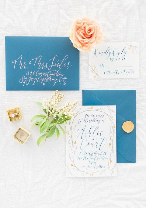 Blue and Gold Wildflower Inspired Wedding Invitations
