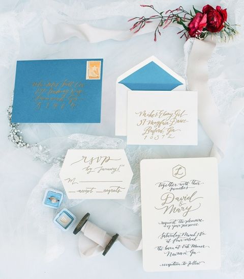 Hand Lettered Blue and Gold Calligraphy Invitations for a Barn Wedding