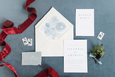 Warm Winter Hues for a French Blue and Crimson Red Invitation Suite