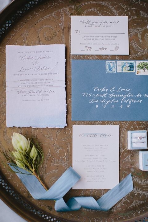 Elegant Blue and White Wedding Invitations with Antique Gold Accents