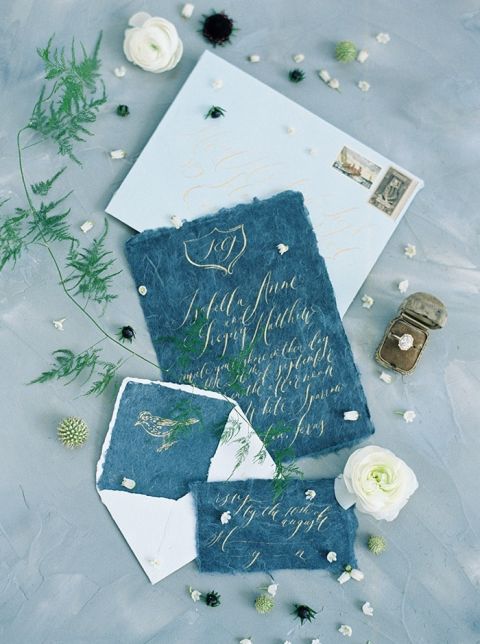 Luxurious Hand Made Paper Invitations in Blue and Gold