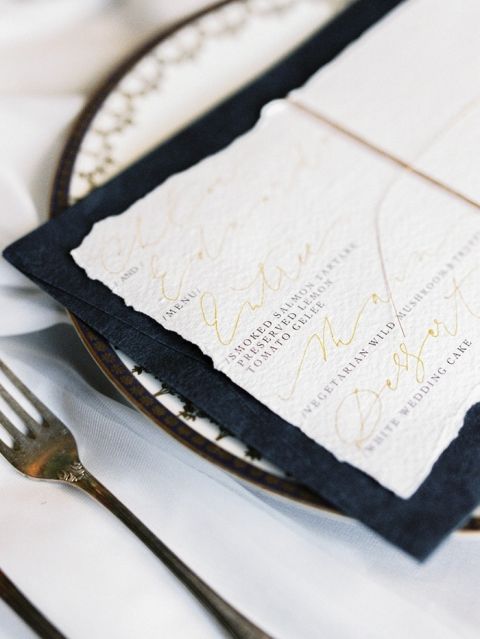 Hand Made Paper For a Luxe Black and Gold Wedding Menu