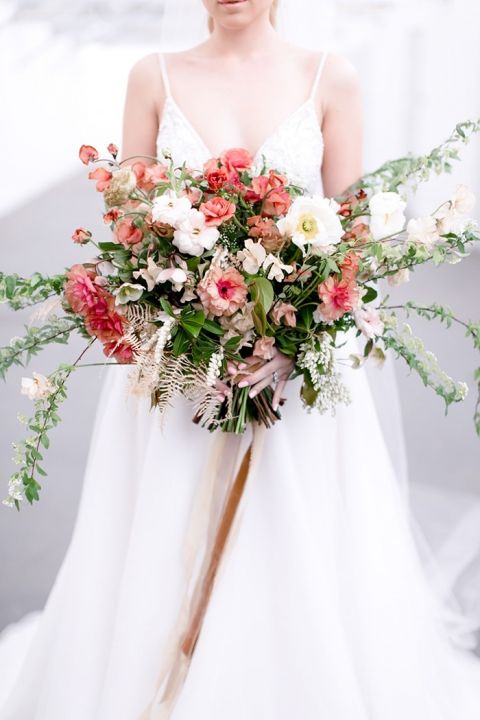 Coral Bridal Bouquet with Organic Greenery