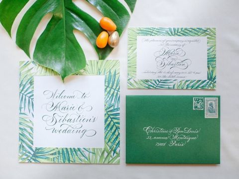 Tropical Greenery Invitation Suite for a Destination Wedding in Paris