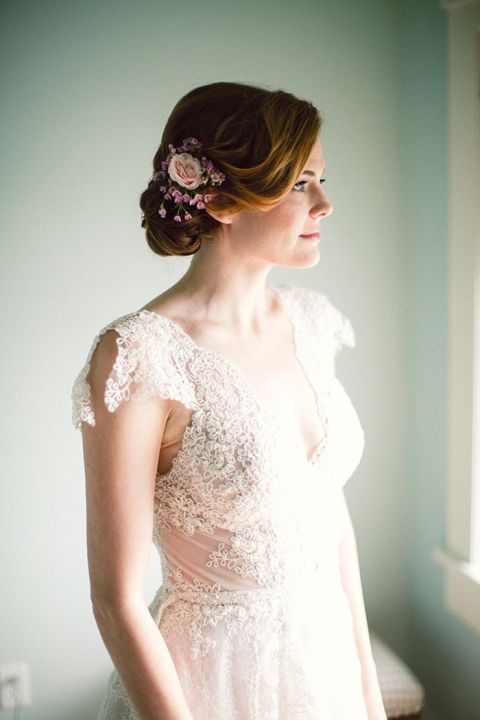 Romantic Lace Wedding Dress with a Floral Headpiece