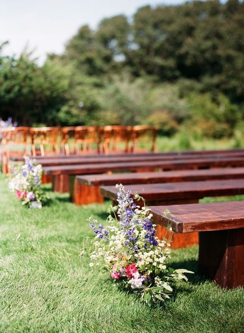 Rustic Benches and Colorful Flowers for a Nantucket Wedding Ceremony