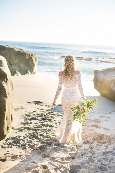 Barefoot Beach Bride in an Off the Shoulder Wedding Dress