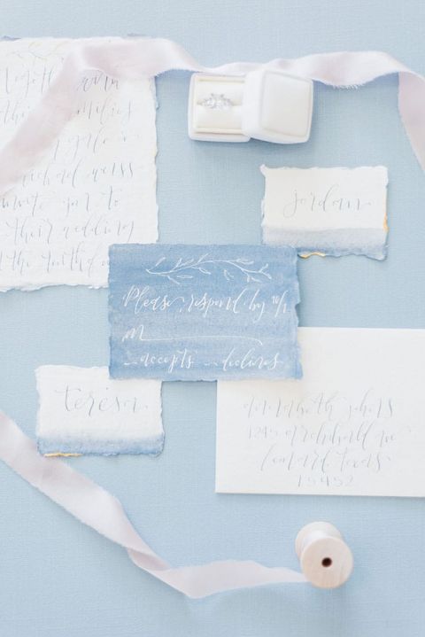 Watercolor Wedding Invitations in Blue and White Ink