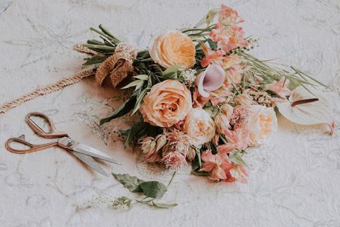 Luxe Peach and Blush Bouquet with a Tapestry Ribbon