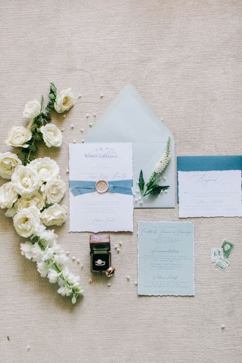 Gorgeous Wedding Invitation Flatlay in French Blue