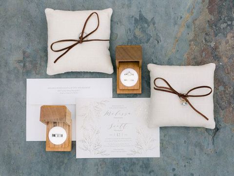 Metallic Botanical Print Wedding Invitations with Modern Wood Accents