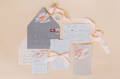 Peach and Gray Invitation Suite with Hand Painted Details