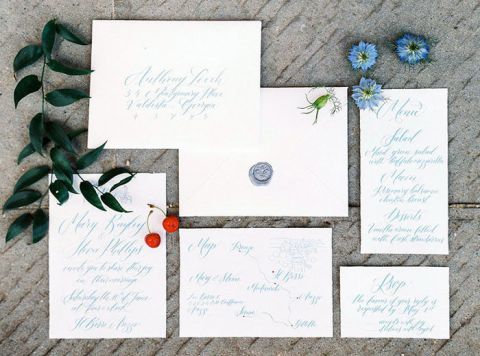 Elegant Blue and White Lettered Invitations for a Luxury Elopement in Tuscany